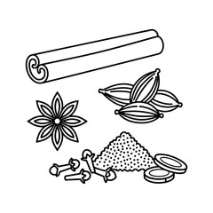 A collection of aromatic spices including cinnamon stick, star anise, cardamom pods, and cloves, perfect for cooking