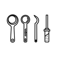 A set of diverse tools including a magnifying glass, measuring spoon, curved hook, and a pointed probe