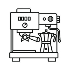 Line art icon of a modern espresso coffee machine with a moka pot, illustrating coffee preparation