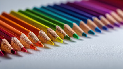 A diagonal arrangement of colorful pencils. They are neatly arranged, showcasing the tips of the pencils in a variety of hues, suggesting creativity and artistic expression.