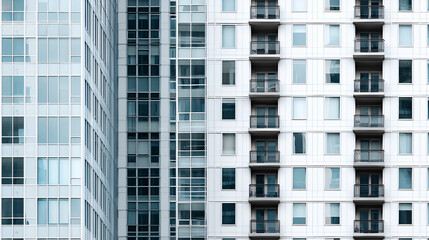 Fototapeta premium Modern Architectural Marvel: Captivating close-up of contemporary high-rise buildings, showcasing intricate patterns, structured design, and minimalist aesthetics. 