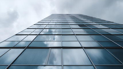 Fototapeta premium Skyward Gaze: A modern glass skyscraper soars towards the cloudy sky, showcasing a sleek design. The building's reflective facade mirrors the sky.