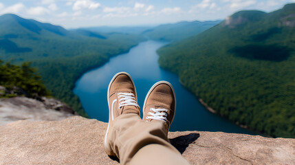 Scenic Leisure: A person relaxes atop a cliff, their feet casually resting, with a vast lake stretching into the distance.