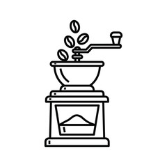 Line art icon of a manual coffee grinder with beans, illustrating fresh coffee preparation and brewing process