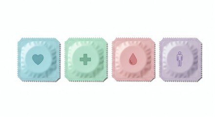 Four colorful condom packages with heart, plus, drop, and gender symbols on a white background.