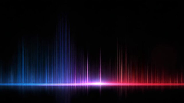 Abstract equalizer bars pulsing with vibrant blue purple pink red light on black background with