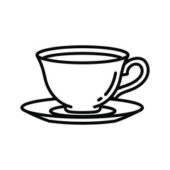 Line art illustration of a classic teacup and saucer, perfect for hot beverages like coffee or tea