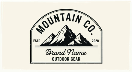 Mountain Co. logo featuring three snow-capped peaks, established in 2020, with "Brand Name Outdoor Gear" text, set against a cream background.