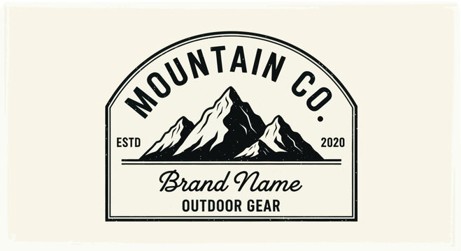 Mountain Co. logo featuring three snow-capped peaks, established in 2020, with "Brand Name Outdoor Gear" text, set against a cream background.