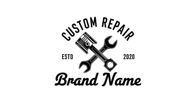 Vintage logo featuring a piston and wrench crossed, representing custom repair services.