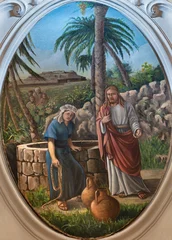 Selbstklebende Fototapeten Jesus Christus CETARA, ITALY - OCTOBER 7, 2025: The painting of Conversation of Jesus with the Samaritain woman in the church Chiesa di San Pietro Apostolo by unkown artist of 20. cent.  © Renáta Sedmáková