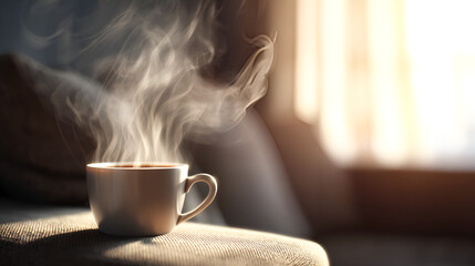 Morning Brew: An inviting image of a steaming cup, emitting wisps of vapor, sits near a window, suggesting a peaceful start to the day. The gentle sunlight softly illuminates the scene.