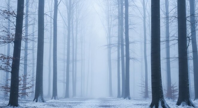 A misty, snow-covered forest path lined with tall, bare trees, creating a serene and ethereal winter landscape. - Powered by Adobe