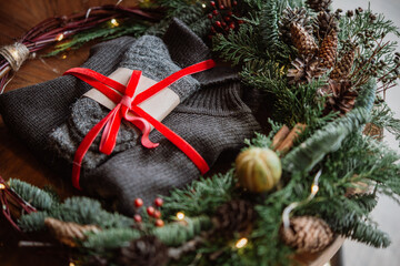 Christmas wreath and wintertime gifts prepared for celebration.