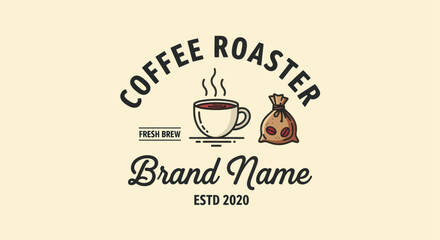 A charming hand-drawn coffee roaster logo design showcasing a steaming hot cup of coffee, a burlap sack filled with beans, and elegant typography for a brand.