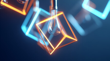 Illuminated Cubes: A modern, artistic shot of a light bulb within an illuminated cube, creating a captivating blend of technology and artistry.