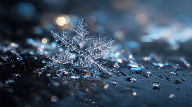 Intricate ice crystal snowflake macro detail with shimmering bokeh lights and water droplets on a dark surface