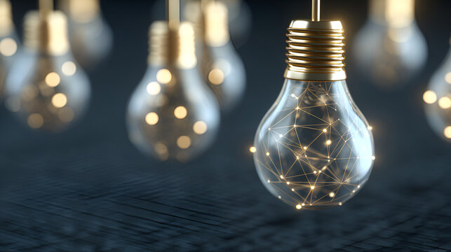 Illuminating Innovation: A radiant light bulb, symbolizing fresh ideas and solutions. Surrounded by similar bulbs, this image represents the collective power of imagination.