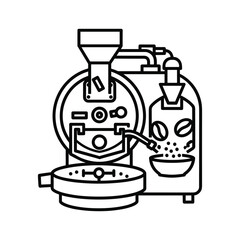Coffee roaster machine icon, showing the process of roasting coffee beans, isolated on