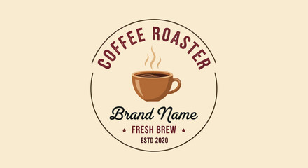 A vintage-style circular logo featuring a steaming coffee cup with 
