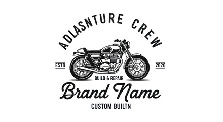 A vintage-style logo featuring a classic motorcycle for a custom build and repair shop or crew.