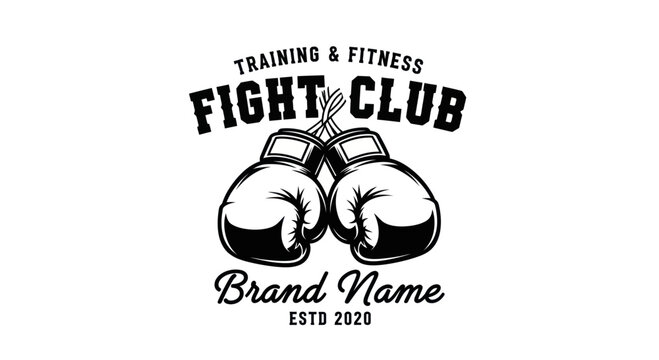 Black and white logo featuring boxing gloves, text, and a brand name, representing a fight club.