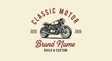 Engraved illustration of a classic cafe racer motorcycle in a retro custom motor brand logo design. © Yahya