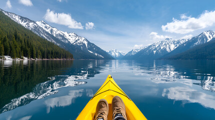 Kayaking in Serene Paradise: A person's perspective from a kayak amidst a tranquil alpine lake, framed by majestic snow-capped mountains and a clear, blue sky, offering a sense of peace and adventure.