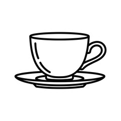 Simple black and white line art illustration of a classic teacup and saucer set for beverages