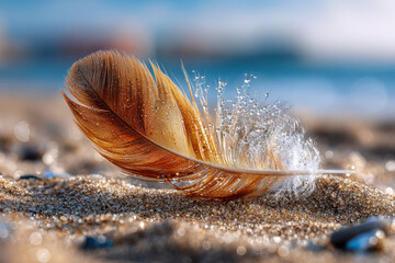 Golden Brown Feather Adorned With Dewdrops Resting On Sandy Beach