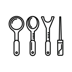 Line art illustration of various kitchen utensils including a spoon, a fork, and a skewer