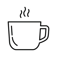 Clean black and white line art illustration of a steaming mug, perfect for hot coffee or tea