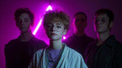 Fototapeta premium Neon Aesthetic Portrait of Young Musicians