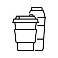 Outline icon of a disposable coffee cup and a reusable travel mug, representing takeaway beverages and ecofriendly options