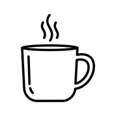 Line art illustration of a steaming coffee mug, representing hot beverages, comfort, and morning routines