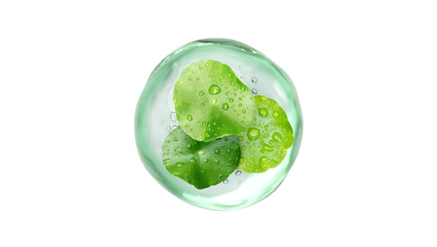 Green Cica Centella Leaf with Madecassoside in molecule Serum Bubble, 3D Illustration