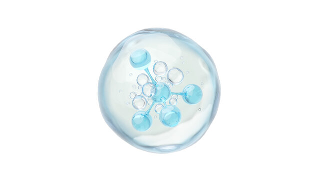 Blue Hyaluronic Acid Molecule in Bubble for Moisture and Hydration, 3D Illustration