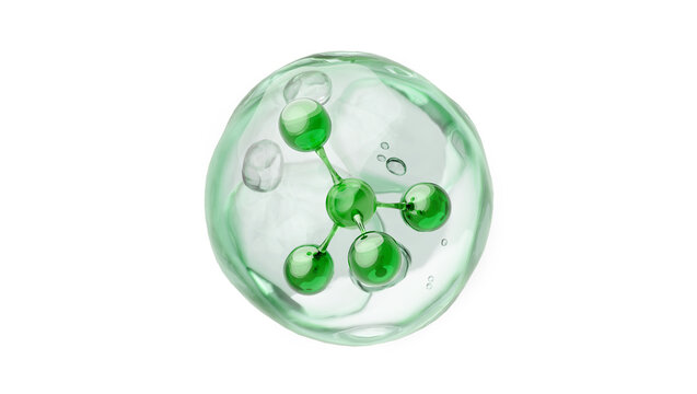 Green Cica Centella Molecule in Bubble for Acne and Soothing, 3D Illustration