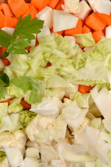 A tightly cropped macro shot focuses on a colorful mix of raw, diced carrots, chopped cabbage, and cauliflower florets with a sprig of parsley