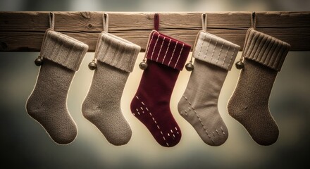 Five Christmas stockings hang from a wooden beam, each with a unique design and color.