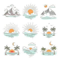 Naklejka premium Set of summer and nature landscape illustration