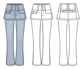 Denim Skirt Pants Technical Fashion Illustration. Mid rise  Mini Skirt Layered Over Flared Pants Vector Template. Front, Back View. Triple-Button Waistband. Modern Y2k.  CAD Mockup Set.