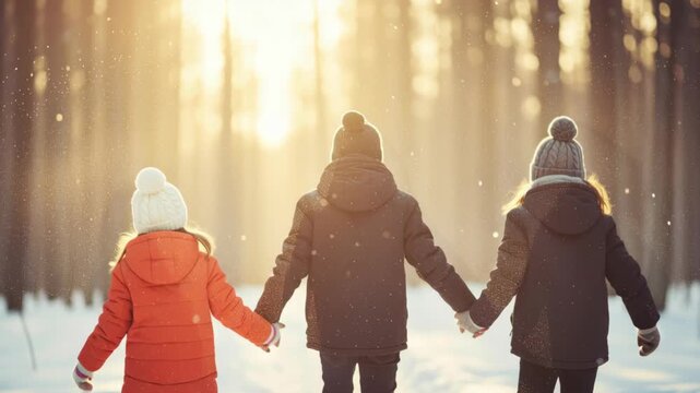 Children winter snow play joyful family holding hands walking in forest at sunset sunlight warm coat hat mittens outdoors while snow falls creating golden light and festive togetherness