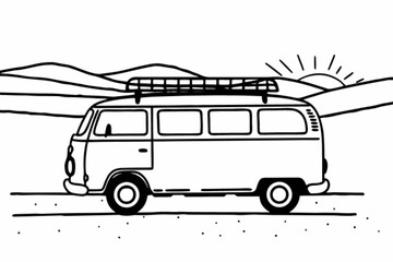 Minimilist a vintage van with a roof rack parked against a backdrop of rolling hills and a rising sun illustration vector