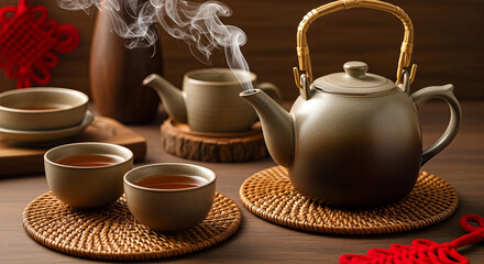 Fototapeta premium Traditional Chinese Tea Ceremony with Steaming Hot Tea Set.