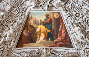 SALZBURG, AUSTRIA - SEPTEMBER 6, 2025: The painting of Apostles giving the Holy Spirit - The first episcopal ordination in the Cathedral by Ludwig Gl&ouml;tzle from second half of 19. cent.