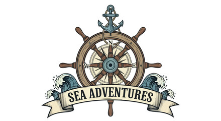 Vintage Nautical Emblem Design with a Classic Ship's Wheel, Anchor, and Rolling Waves, Symbolizing Ocean Exploration, Marine Travel, and Exciting Sea Adventures © Avra