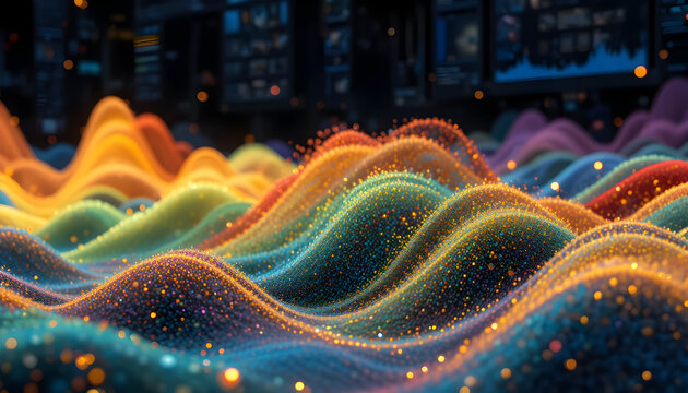 A vibrant, abstract landscape of colorful, undulating waves, resembling sound waves or data streams, creating a visually stunning representation of energy and movement - Powered by Adobe