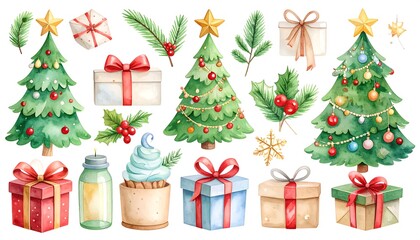 Festive watercolor illustrations of Christmas trees, gifts, holly, cupcake, fir branches and other winter elements