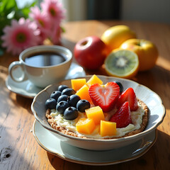 A vibrant breakfast scene. Fruit tart, coffee, and fresh fruit are featured, offering a delightful and visually appealing food still life.